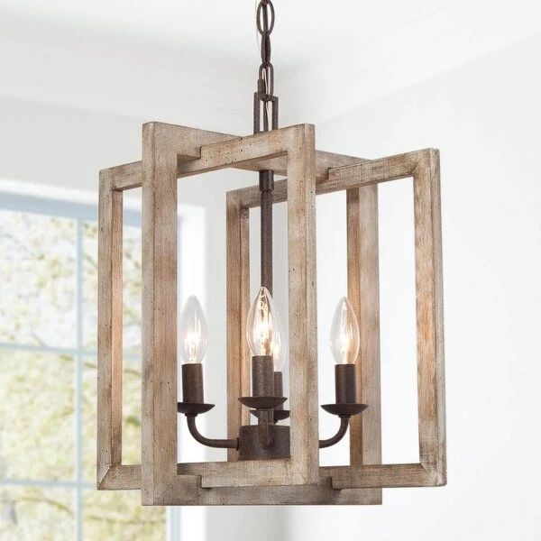 Farmhouse 4-Light Rustic Wood Geometric Chandelier Lantern Island Lights - 12.5'' L x 12.5'' W x 17'' H Shopping - The Best Deals on Chandeliers