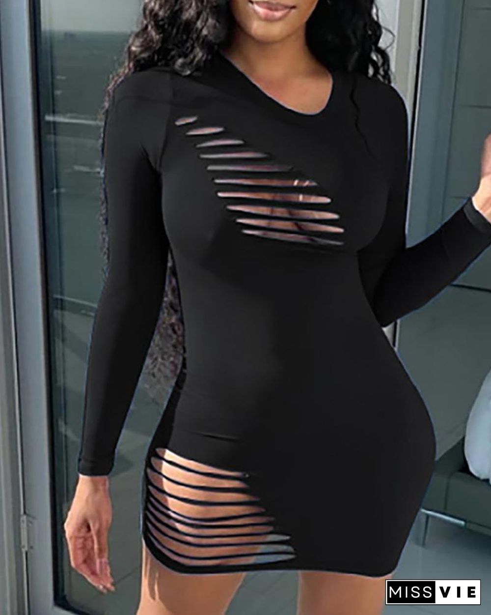 Ladder Cutout Front Long Sleeve Bodycon Dress