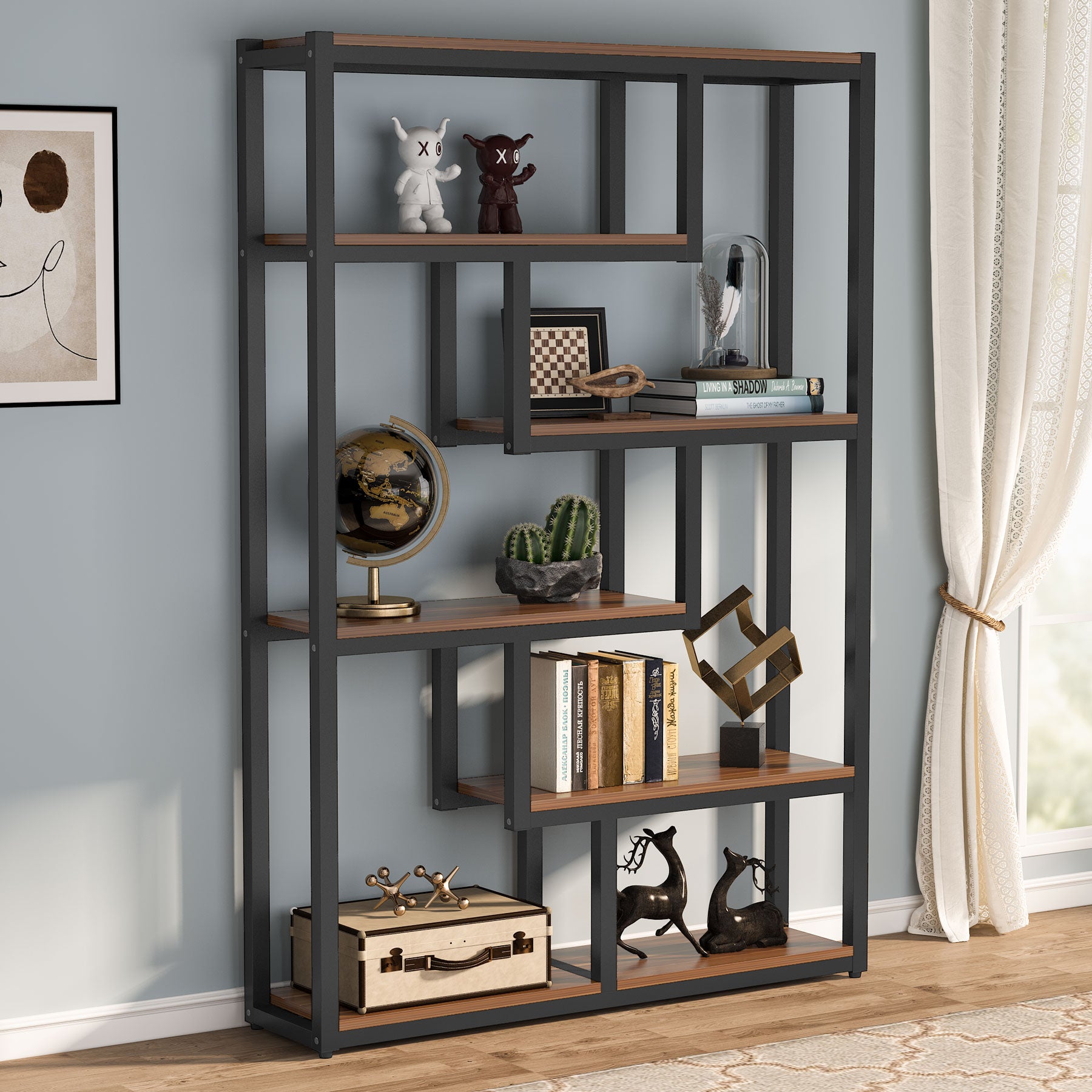 6-Tier Bookshelf, 69 Industrial Etagere Bookcase with Staggered Shelves