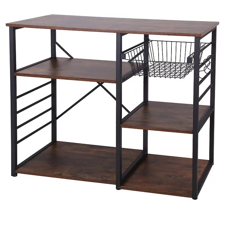 Wood and Metal Bakers Rack with 4 Shelves and Wire Basket， Brown and Black