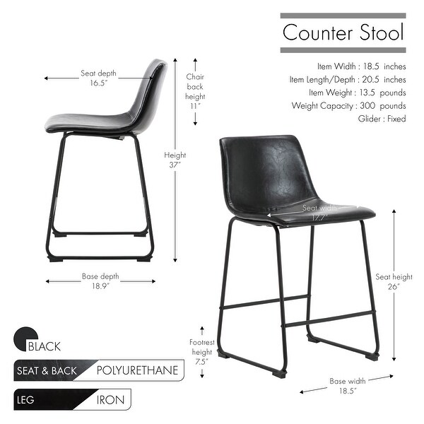 Porthos Home Enva Counter and Bar Stools Set of 2， PU Leather， Iron Sled Legs