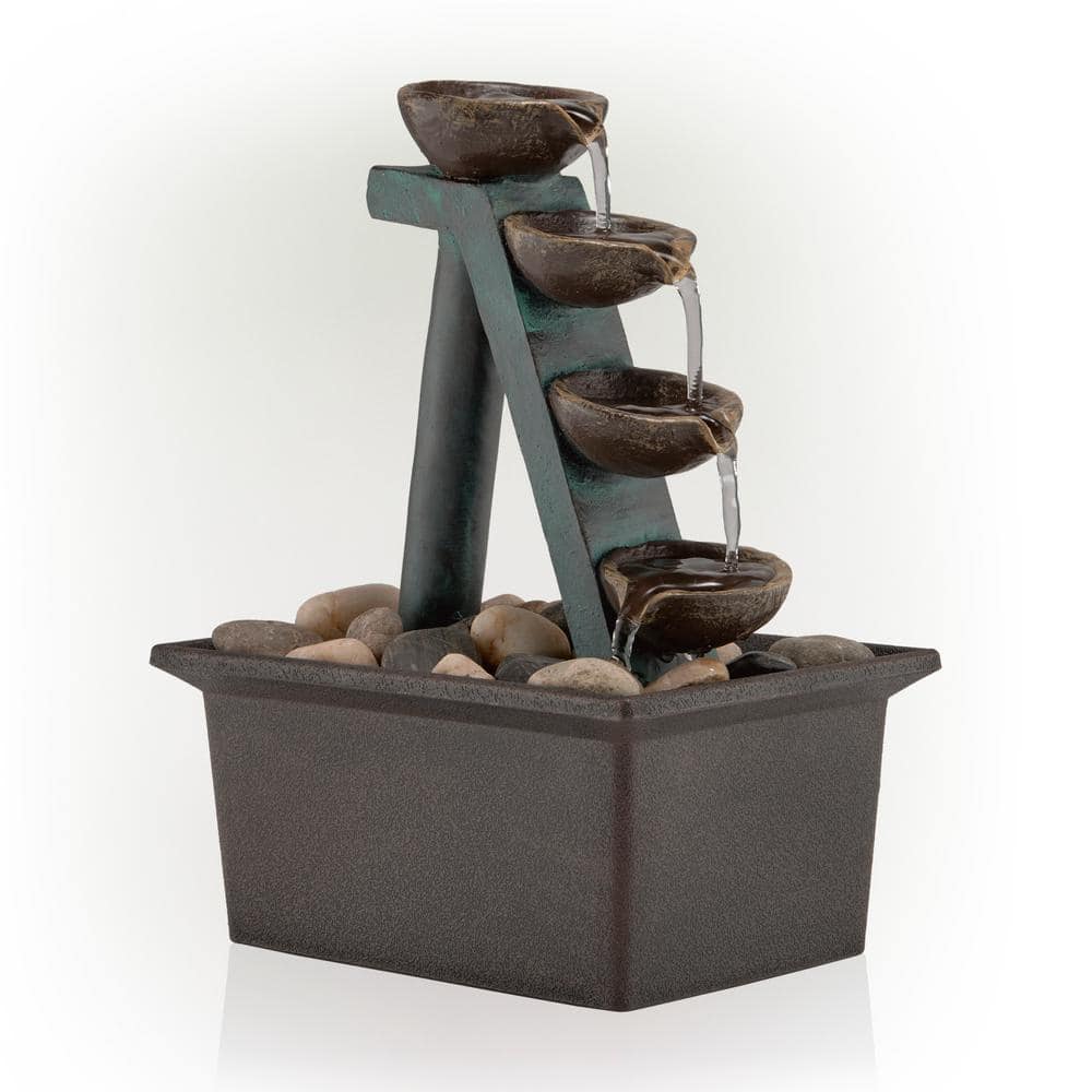 Alpine Corporation 8 in. Tall Indoor/Outdoor 4-Tier Step Tabletop Fountain with Rustic Bowls WCT324