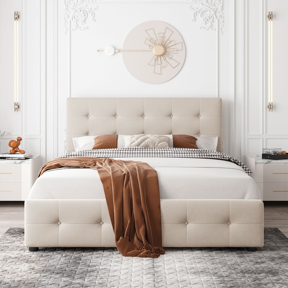 Upholstered Platform Bed with Classic Headboard and 4 Drawers  No Box Spring Needed  Linen Fabric  Queen Size  Light Beige