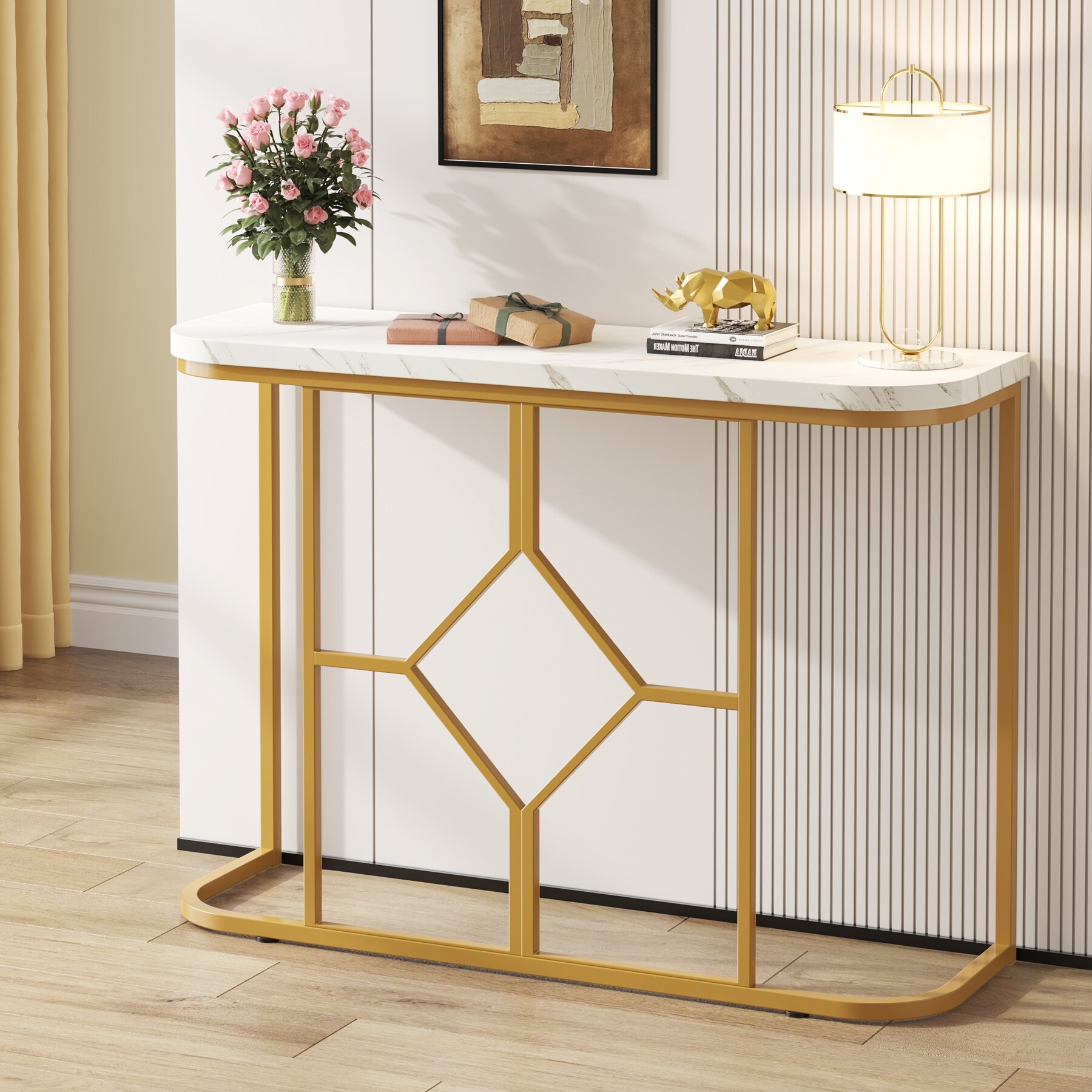 Modern Faux Marble Console Table for Entryway， Sofa Accent Table with Gold Metal Frame