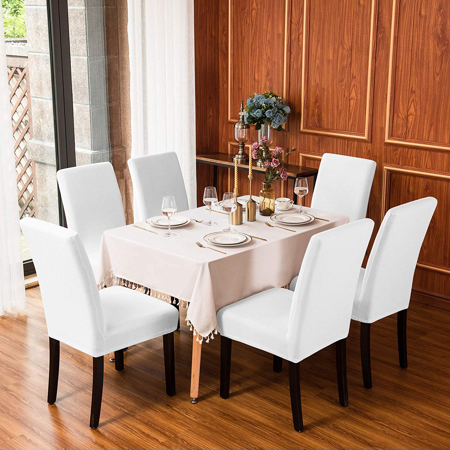 Subrtex Stretch Textured Pixel Dining Chair Slipcover (Set of 4, White )