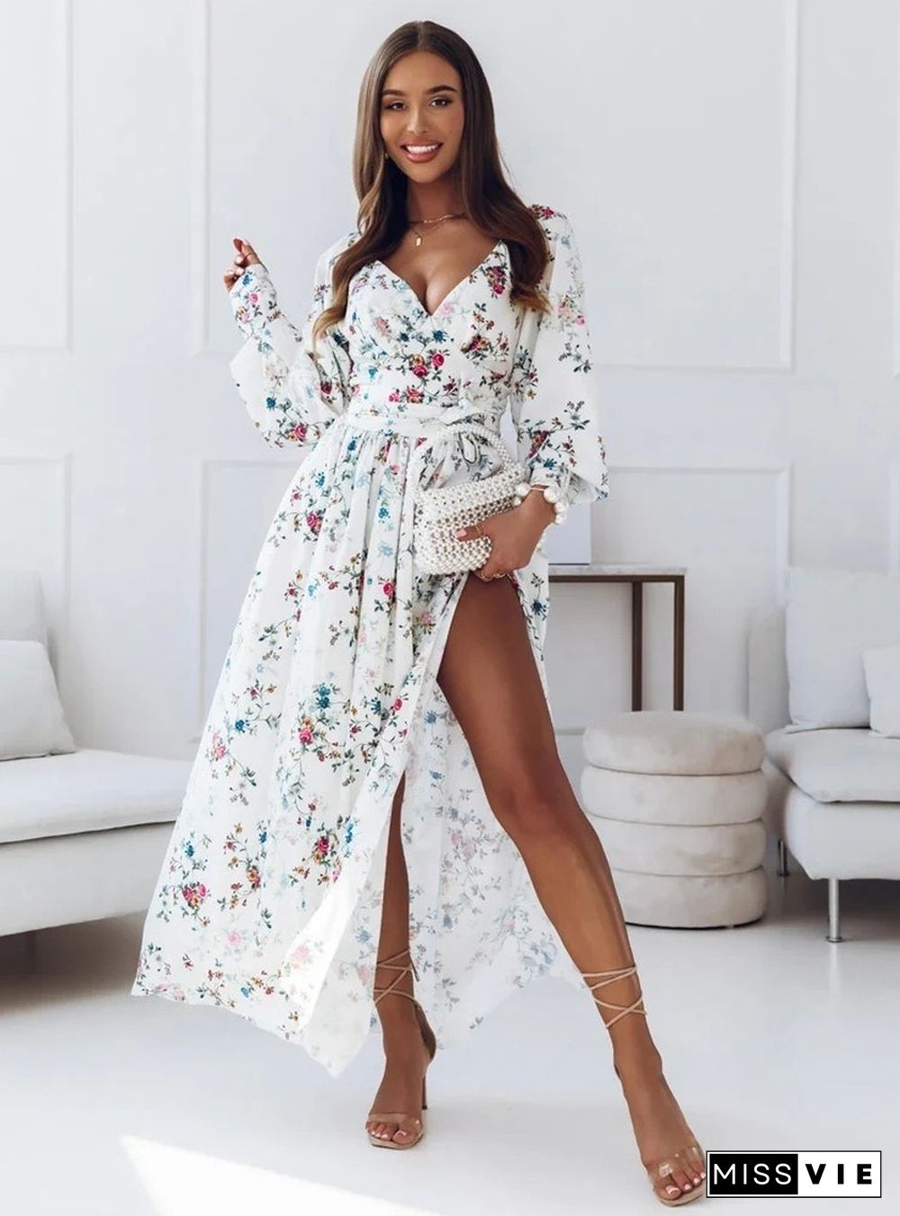 Floral Print Hem Split Dresses Women Summer Dresses New V Neck Wrap Chest Long Sleeve High Waist A-line Maxi Dress