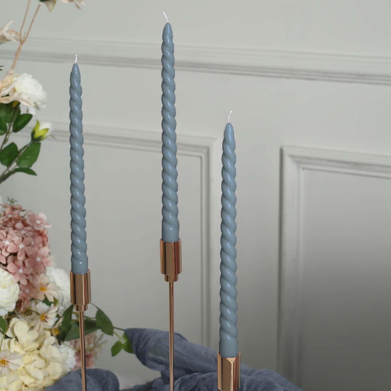 12 Pack Dusty Blue Premium Spiral Long Burn Wick Taper Candles, Tall Unscented Wax Dinner Candle Sticks 11