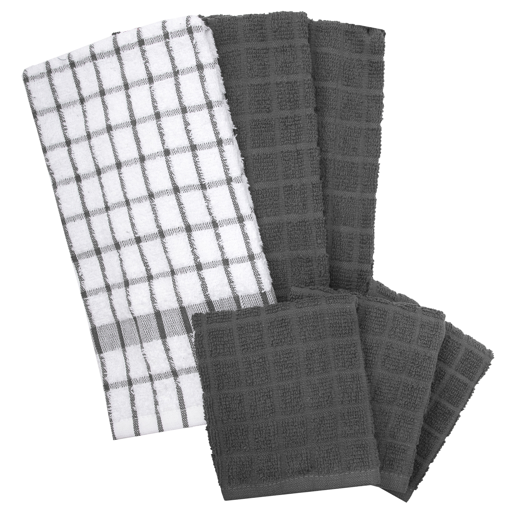 Ritz Terry Kitchen Towel and Dish Cloth Set， 95511A - Graphite - 100% Pure Cotton - 6 Pack