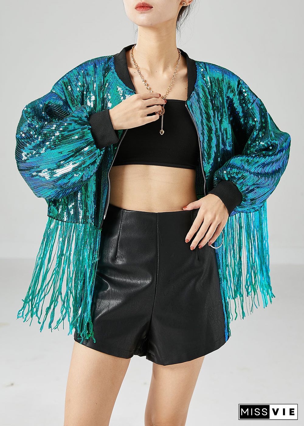 Casual Peacock Green Tasseled Sequins Jackets Summer