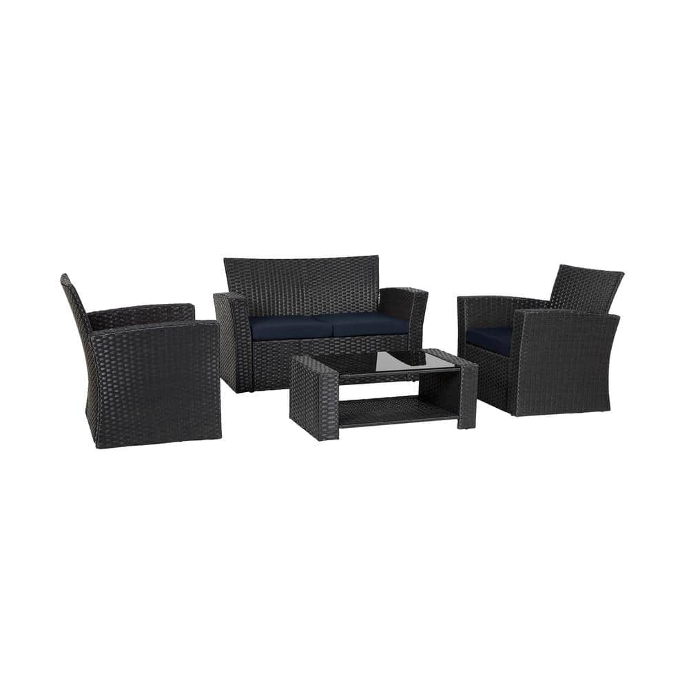 WESTIN OUTDOOR Hudson 4-Piece Black Rattan Wicker Patio Conversation Set with Navy Blue Cushions 1101010-NB