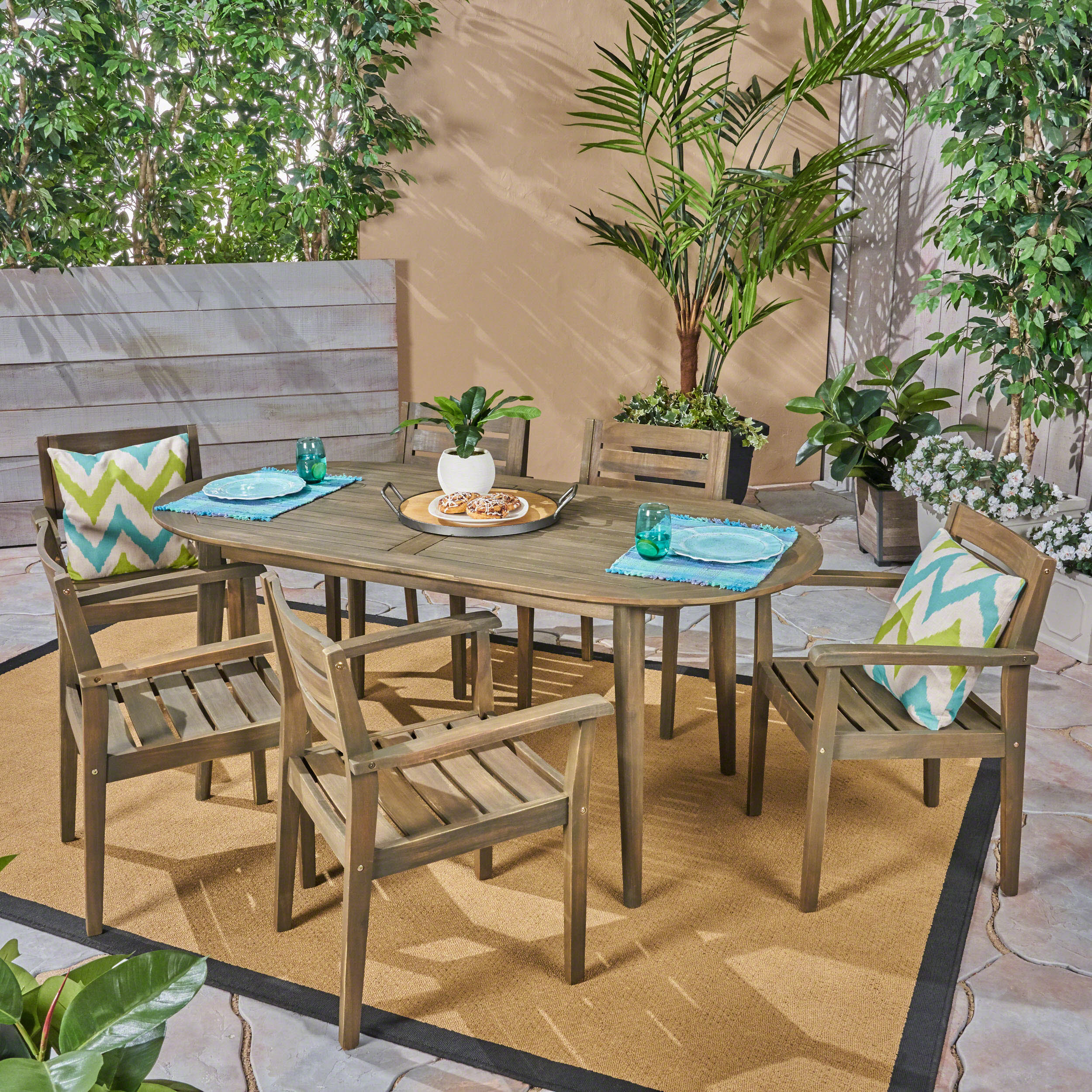 Stanford Outdoor 7-Piece Acacia Wood Dining Set with Oval Table, Gray Finish