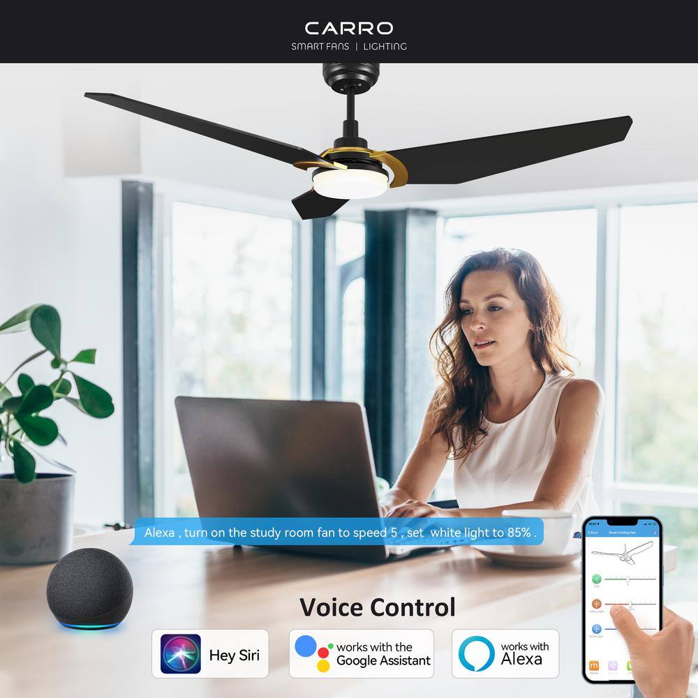 CARRO Brently 56 in. Dimmable LED IndoorOutdoor Black Smart Ceiling Fan with Light and Remote Works w AlexaGoogle Home S563B-L12-B2-1G