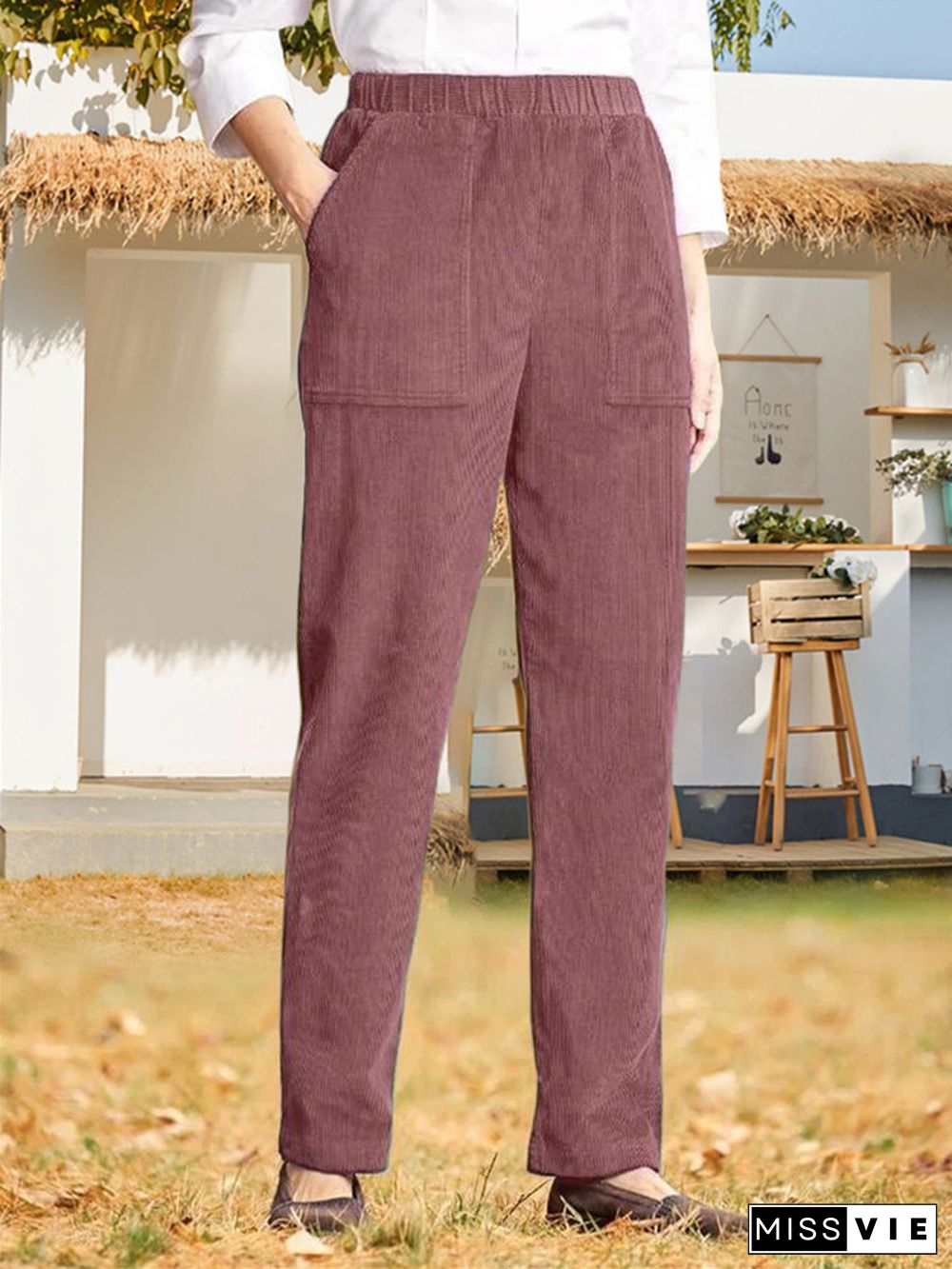 Women's Solid Color Elastic Waist Casual Corduroy Straight Leg Pants-Buy 3 Get Free Shipping