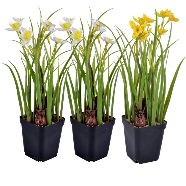 Artificial Daffodils In Black Plastic Planters Pots Set Of 3