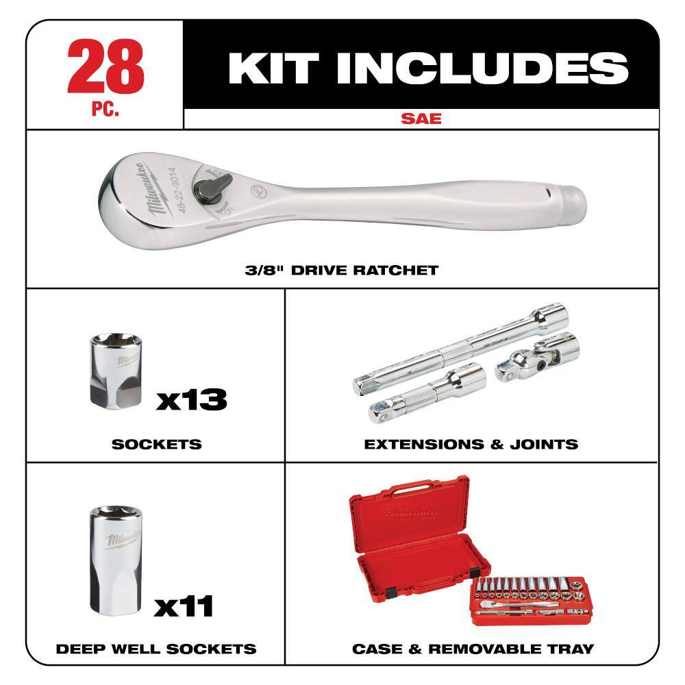 MW 38 in. Drive SAEMetric Ratchet and Socket Mechanics Tool Set (60-Piece) 48-22-9408-48-22-9508