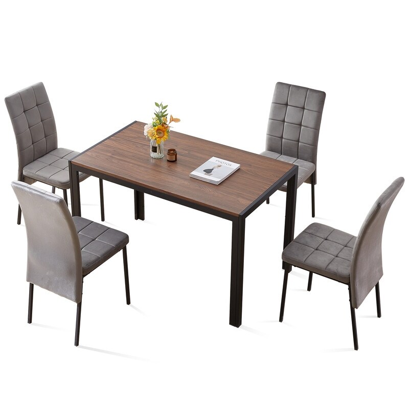 Modern 5 Piece Dining Table Set for 4 Solid Wood Table with Velvet High Back Dining Chair