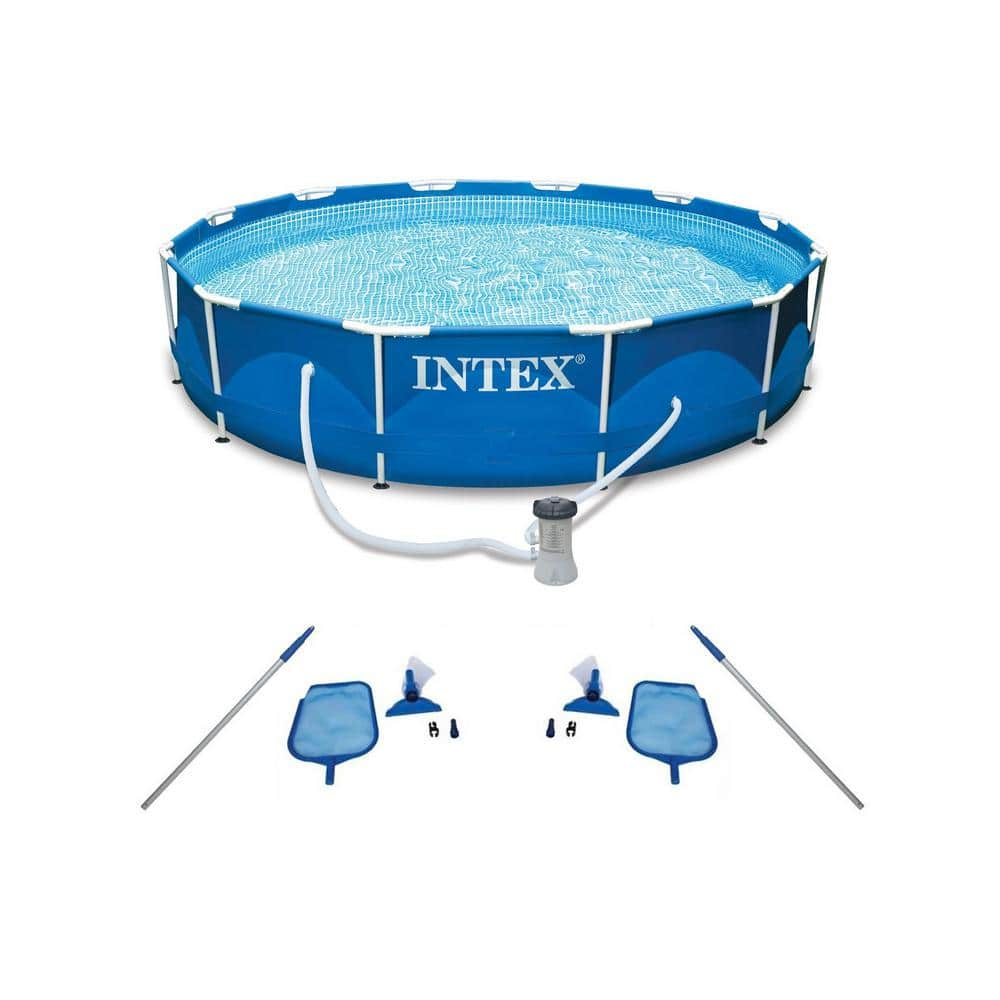 Intex Round 10 ft. Metal Frame Swimming Pool with Filter Pump and Pool Cleaning Kit (2-Pack) 30 in. H 2 x 28002E + 28201EH