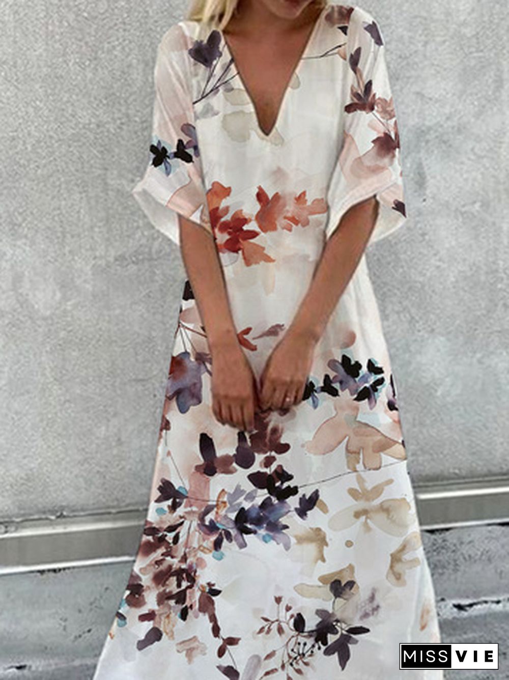 Floral Printed V-neck Casual Half-sleeve Long Dresses