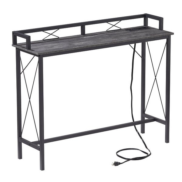 Extra Long Console/Sofa Table with Charging StationandPower Outlet， Charcoal Grey