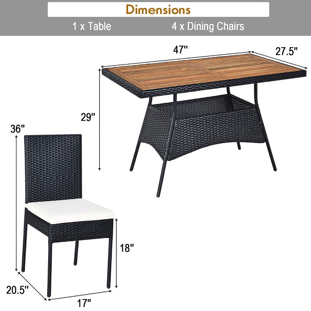 Costway 5 Pcs Patio Rattan Furniture Set Wood Top Table Cushioned Chairs Garden Yard Deck