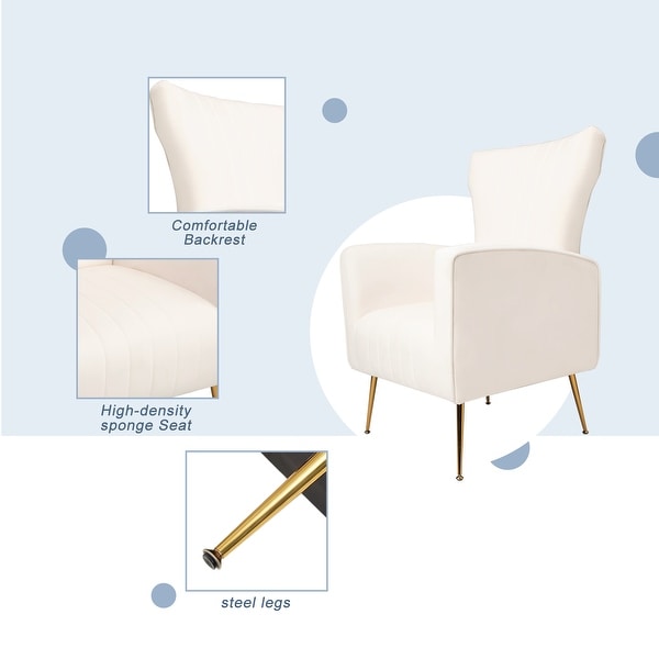 Velvet White Accent Chair， Wingback Arm Chair with Gold Legs