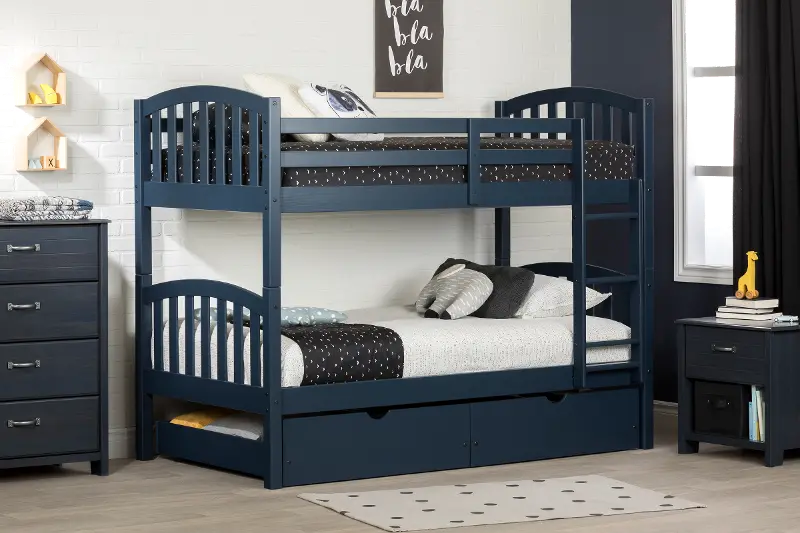 Asten Navy Blue Twin Bunk Beds with Storage Drawers