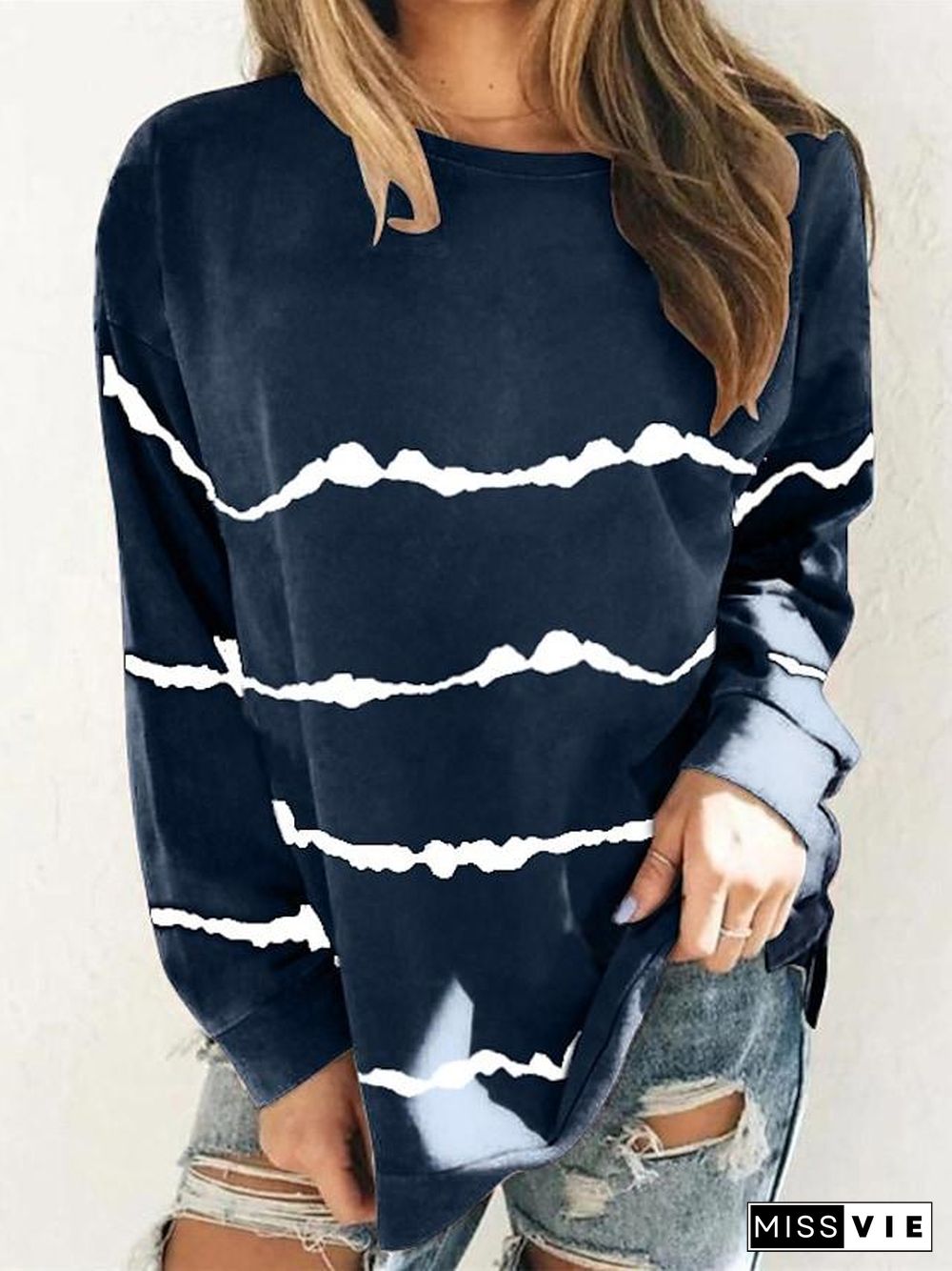 Women's Plus Size Tops T Shirt Print Striped Large Size Round Neck Long Sleeve Big Size