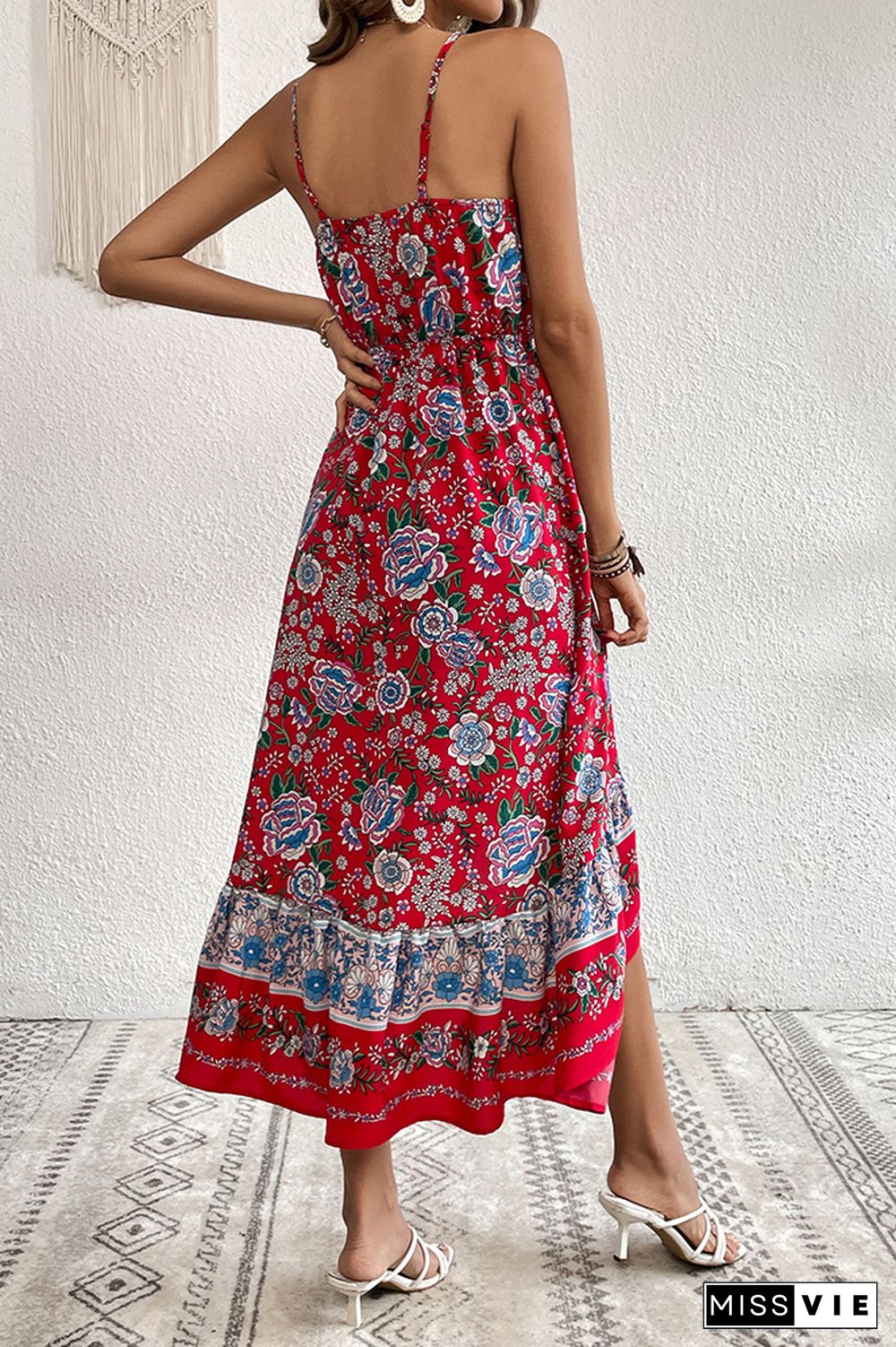 Boho Floral Spaghetti Split Ruffle Dress