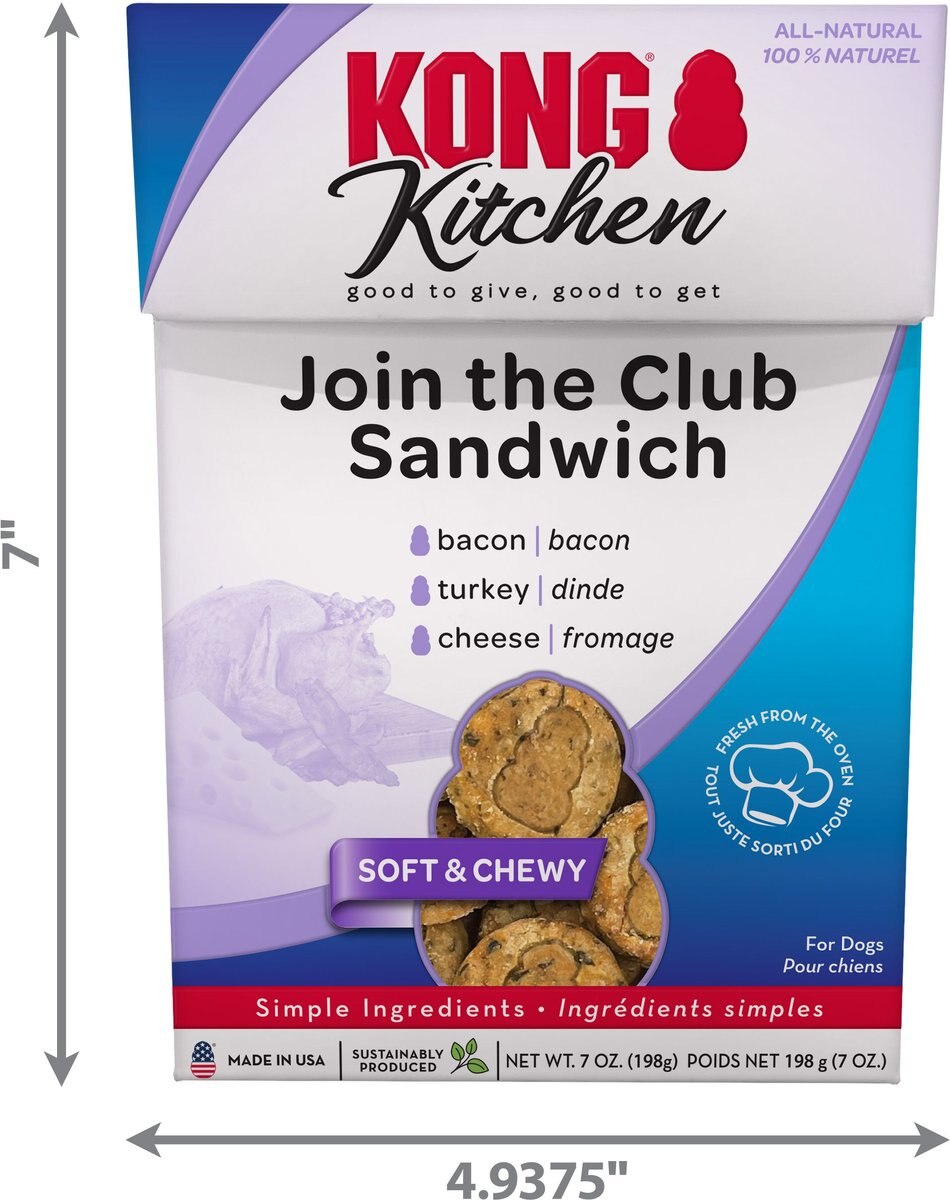 KONG Kitchen Join The Club Sandwich Grain-Free Bacon， Turkey and Cheese Chewy Dog Treats， 7-oz box