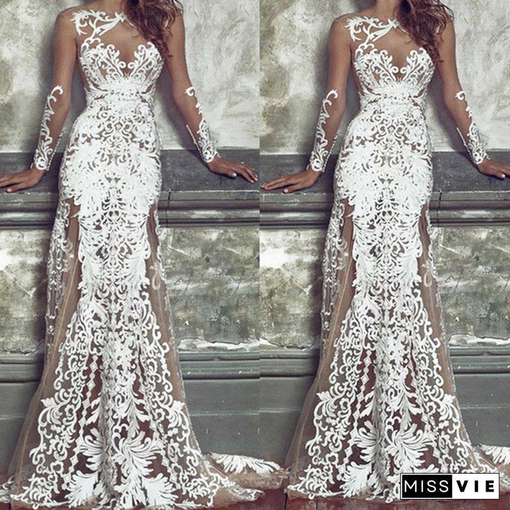 Women's New Lace Perspective White Wedding Dress Sexy Tail Evening Dress Slim Dress Long Skirt