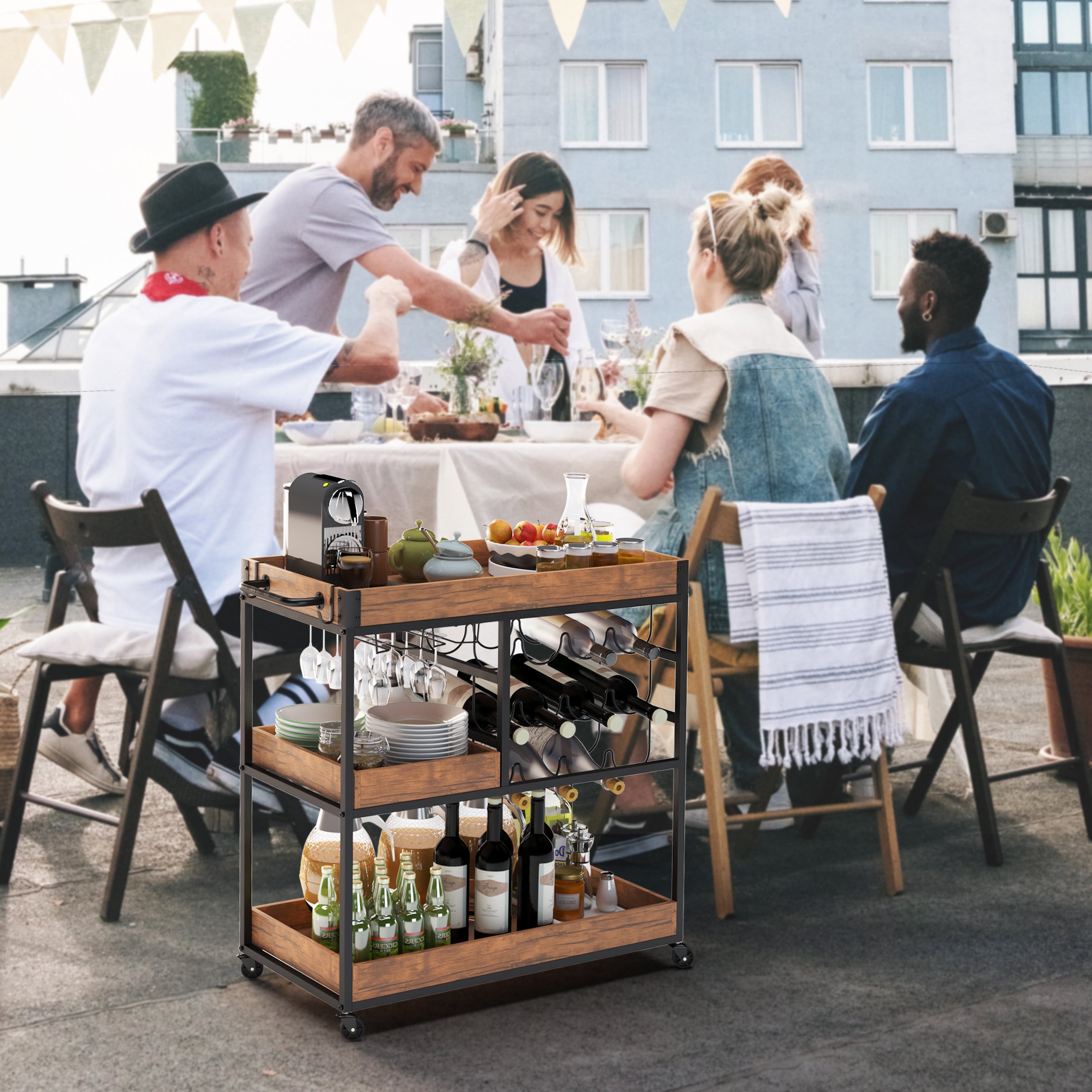 NSdirect 3-Tier 35.2'' Rolling Bar Cart， Industrial Mobile Kitchen Serving Trolley Cart with Wheels， Wine Rack， Glass Holder， Open Shelf， Removable Tray and Handles， Rustic Brown