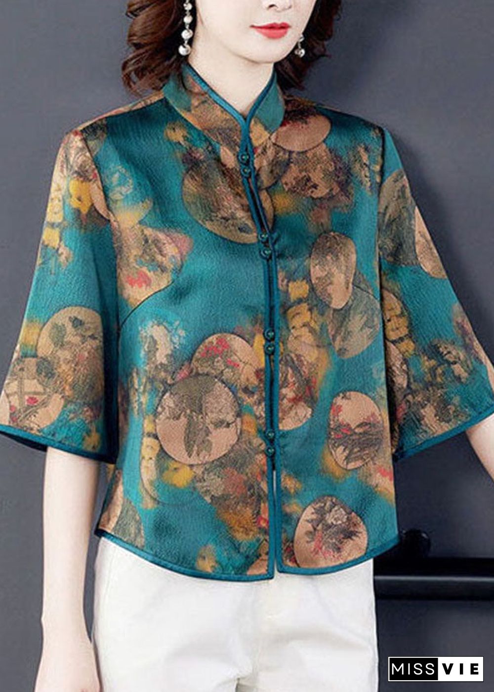 Italian Green Stand Collar Print Silk Blouse Tops Half Sleeve