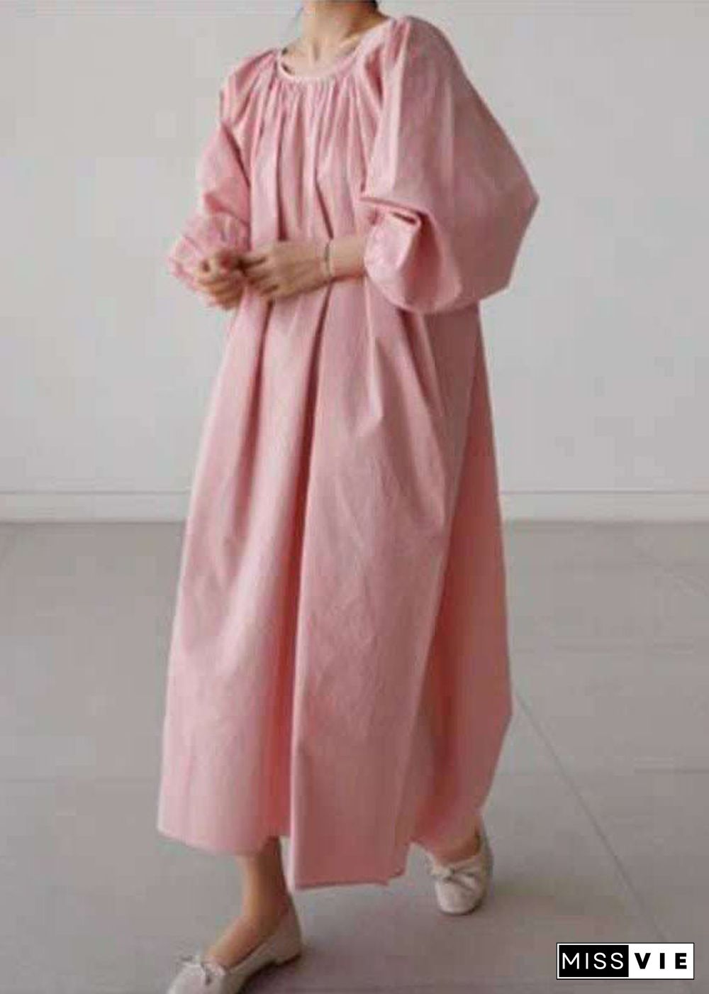 Pink Cotton O-Neck wrinkled Maxi Dress Three Quarter sleeve