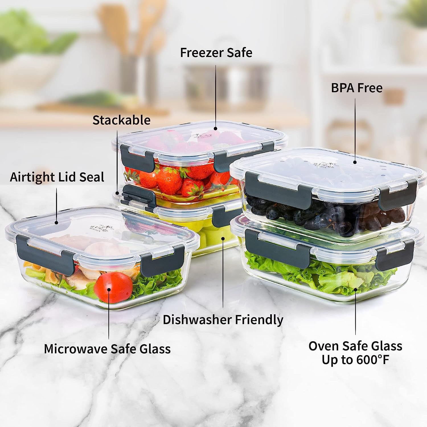 5 Pack Leak-Proof Glass Food Storage Containers