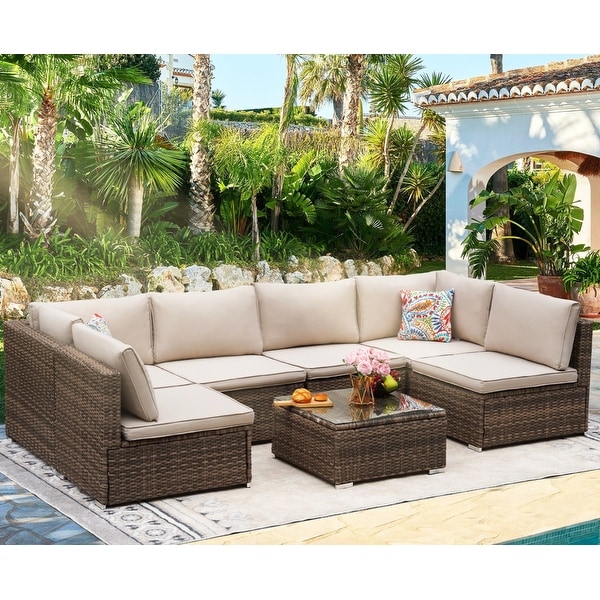 7Piece Outdoor Patio Rattan Furniture Sets with 1 Table，2 Corner Sofas，4 Armless Sofas and Cushions