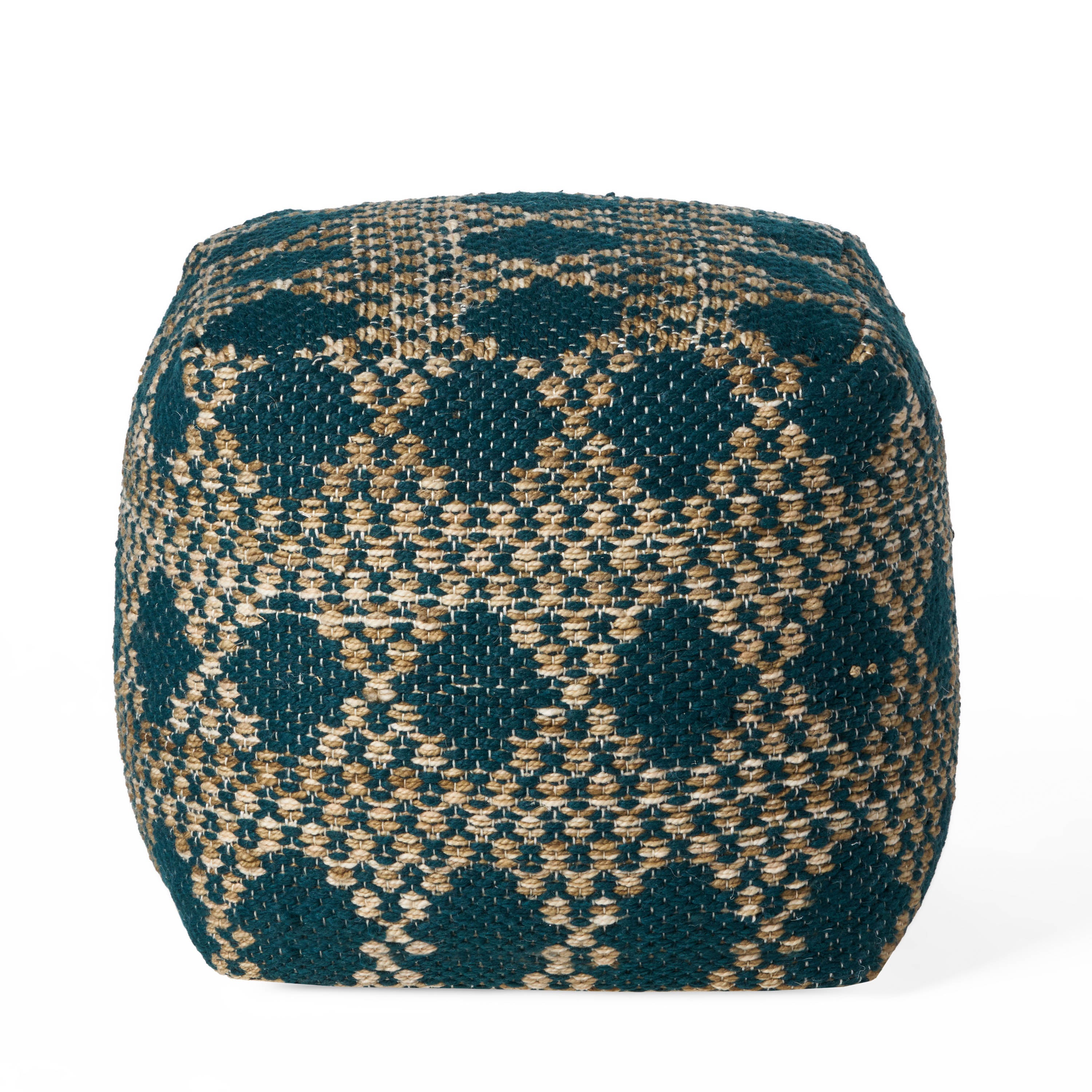 Mamie Boho Diamond Pattern Teal and Beige Yarn Cube Pouf