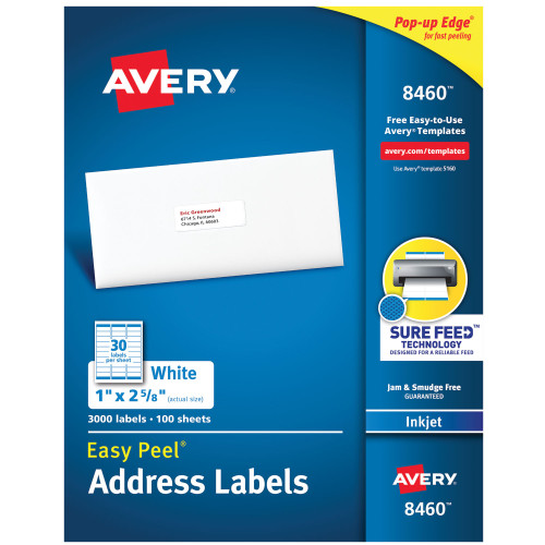 Avery Easy Peel White Address Labels w/ Sure Feed Technology， Inkjet Printers， 1 x 2.63， White， 30/Sheet， 100 Sheets/Box (8460)