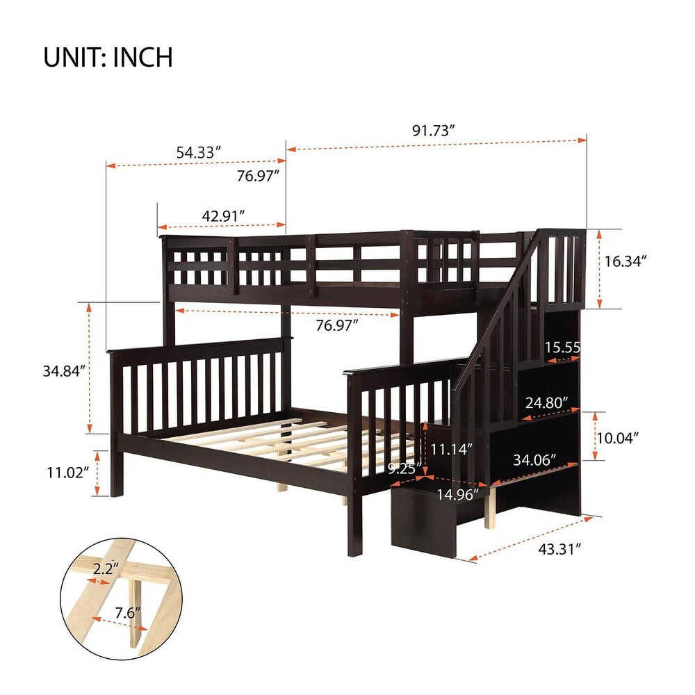 VIRUBI Twin Over Full Bunk Bed with Stairs, Solid Wood Stairway Bunk Bed with Storage and Guard Rail for Kids Teens Adults, Espresso