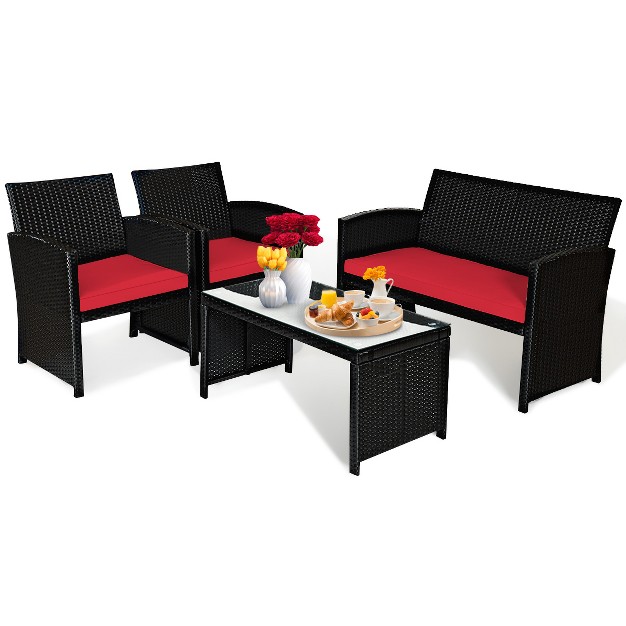 Tangkula 4 Piece Outdoor Patio Rattan Furniture Set Red Cushioned Seat For Garden Porch Lawn