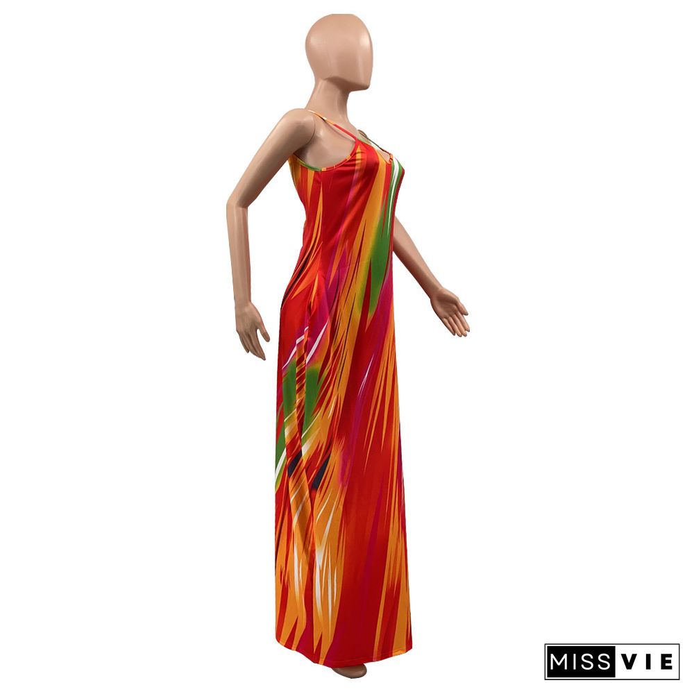 Tie Dye Print Loose Pockets Floor Length Dresses