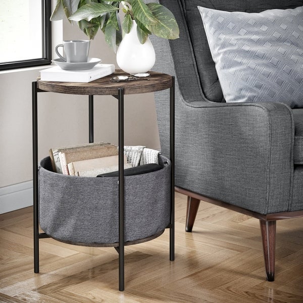 Nathan James Oraa Wood Side Table with Fabric Storage and Metal Base