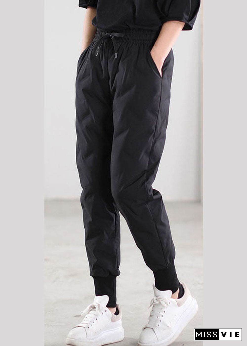 Chic Black Pockets Duck Down Pants Trousers Winter