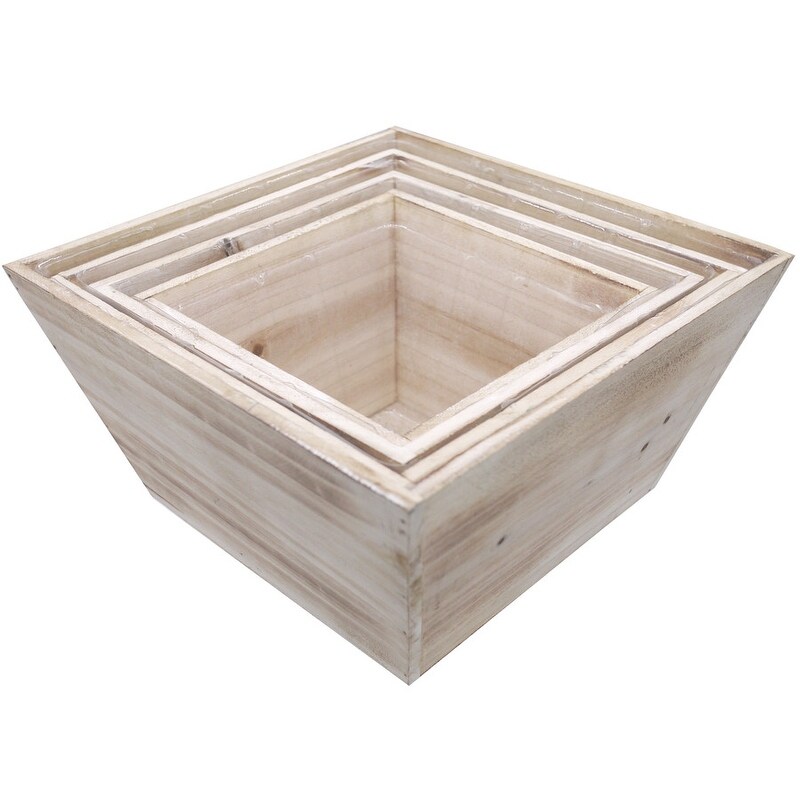 Contemporary Square Wood Pot   White  Set of 4