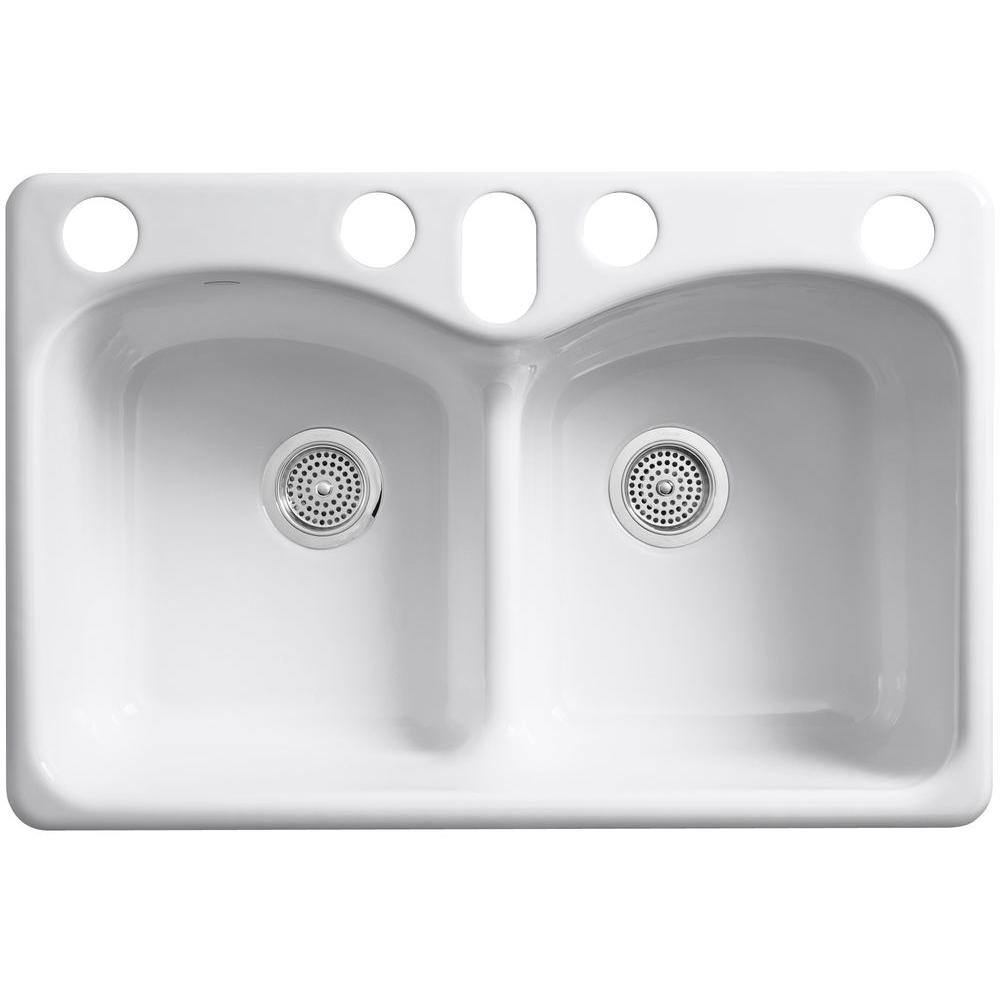 KOHLER Langlade Smart Divide Undermount Cast-Iron 33 in. 6-Hole Double Bowl Kitchen Sink in Dune K-6626-6U-NY