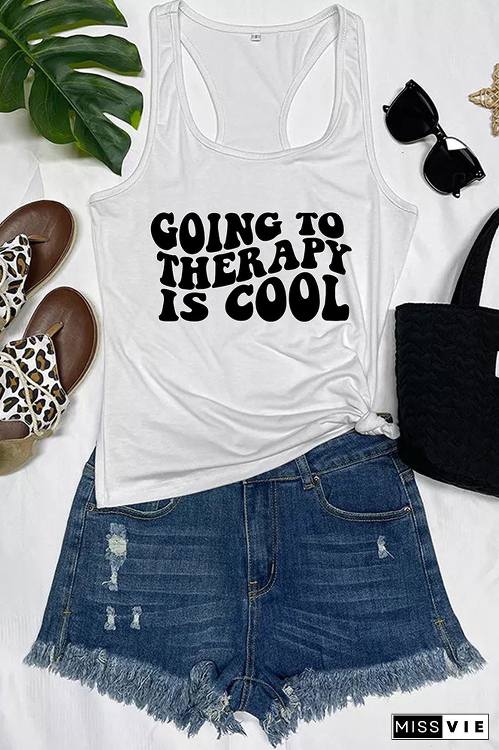 Going to Therapy is Cool Letter Print Graphic Tank Top