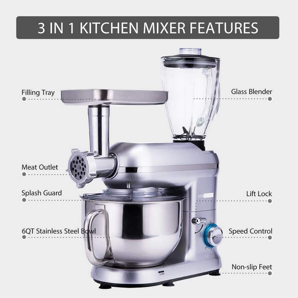 VIVOHOME 6 qt 6 speed Silver 3 in 1 Multifunctional Stand Mixer with Meat Grinder and Juice Blender ETL Listed