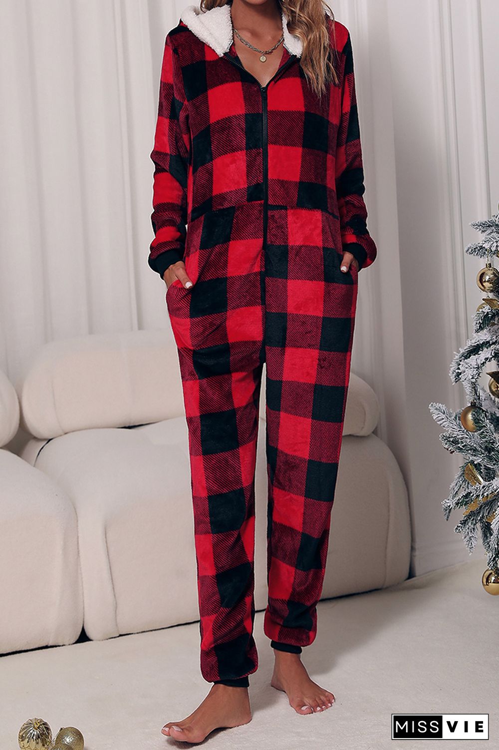 Red Buffalo Plaid Hooded Flannel Jumpsuit