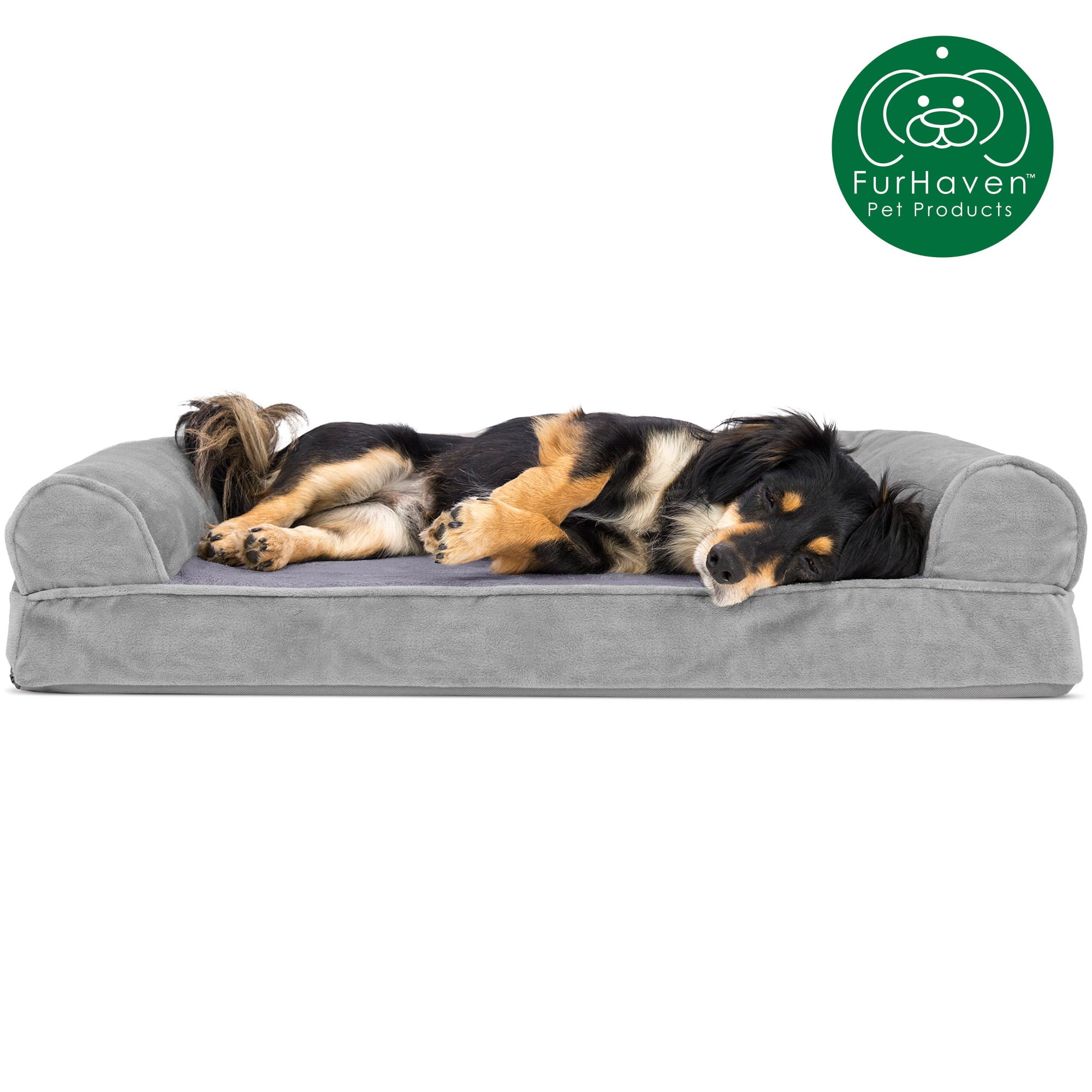 FurHaven | Orthopedic Faux Fur & Velvet Sofa Pet Bed for Dogs & Cats, Smoke Gray, Medium