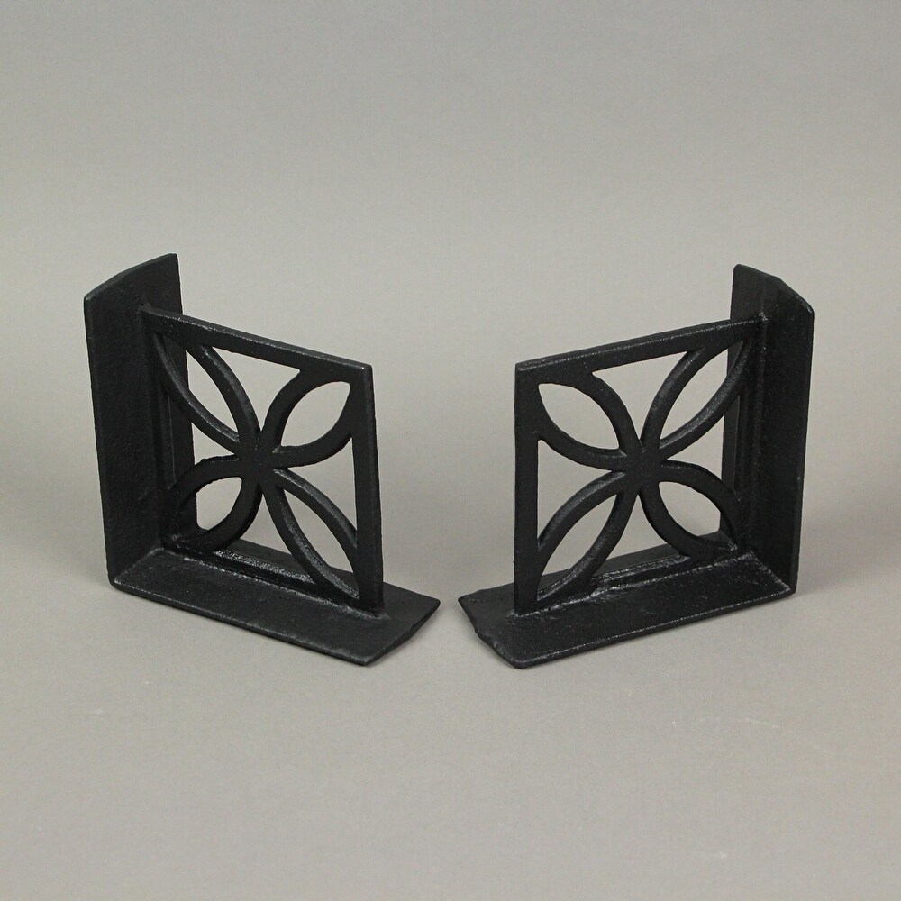 Zeckos Black Cast Iron Floral Breeze Block Bookends (Set Of 2)   5 X 5.25 X 2.25 inches