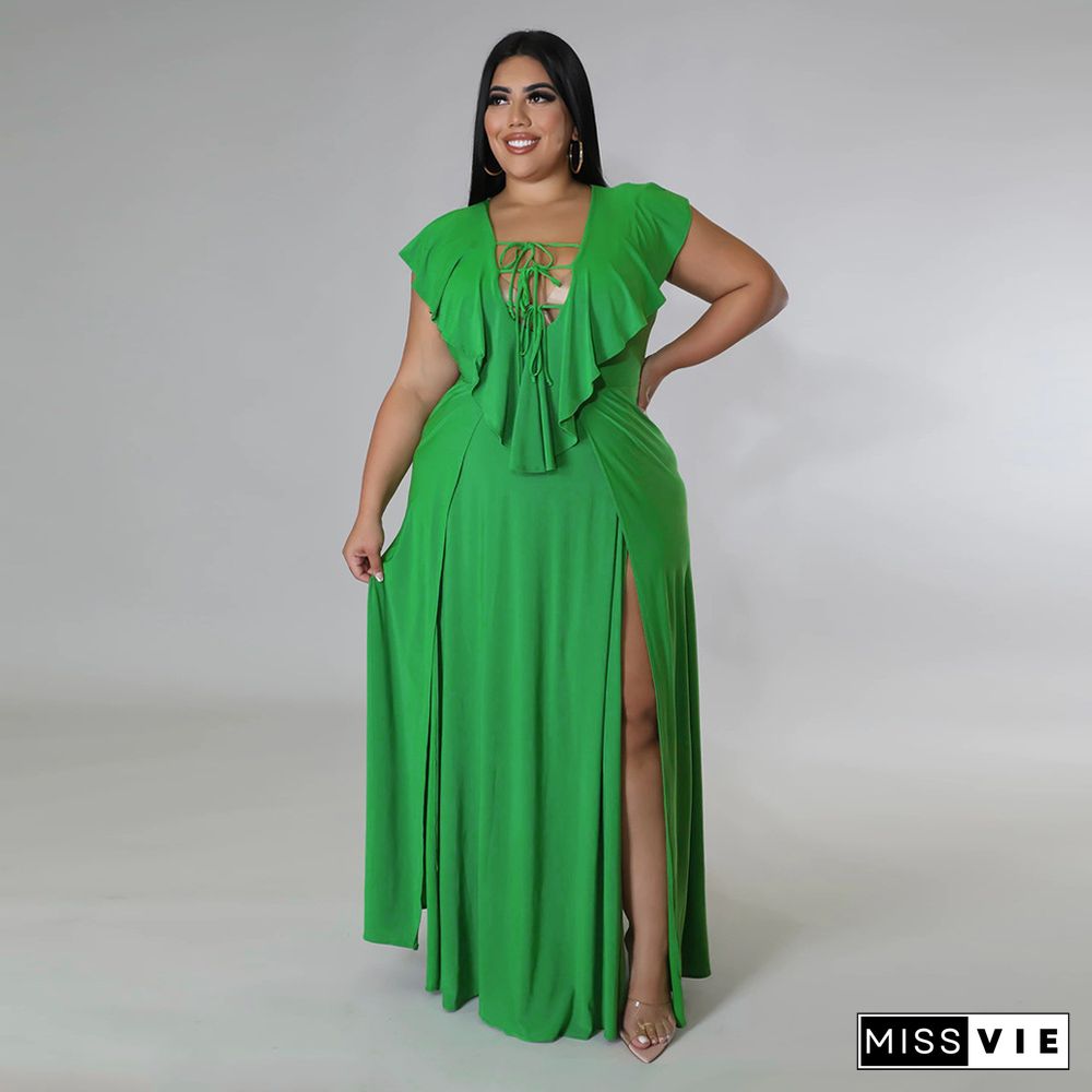 V Neck Sleeveless High Split Plus Size Dresses